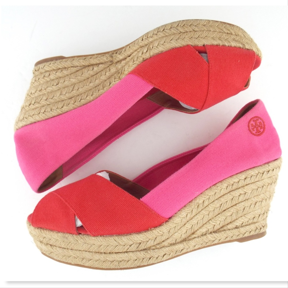 TORY BURCH Red & Pink Canvas Espadrille Wedges 11 - Picture 5 of 8
